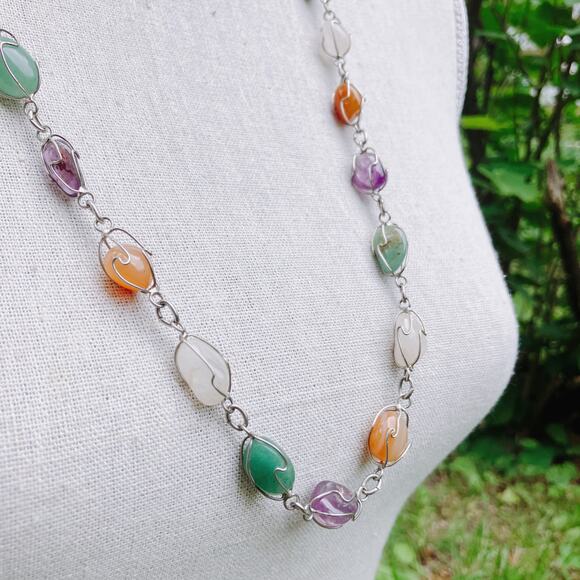 VTG Mid Century Gemstone Necklace Earring Set Screwback Multicolor Wire Wrapped - Picture 2 of 9